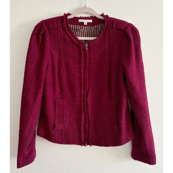 CAbi Merlot Fringe Trim Zip Up Wool Blend Boucle Jacket Size 8 - Picture 1 of 9